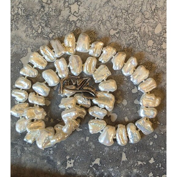 Biwa Pearl Necklace Sterling Silver Leaf & Vine Toggle Clasp 18" - Picture 3 of 12